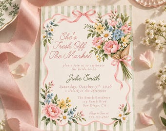 Fresh Off the Market Bridal Shower Invitation, Farmers Market Bridal Shower Invite, Floral Pink Green Editable Canva Template