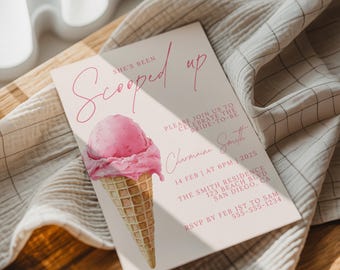 Plantilla de invitación para despedida de soltera "She's Been Scooped Up", cono de helado, plantilla editable de helado rosa, invitación imprimible de verano "She's Been Scooped Up"
