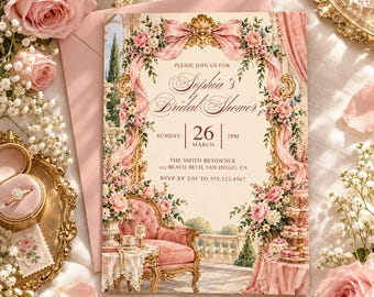 Regency Bridal Shower Invitation, Romantic Victorian Garden Party, Pink Bow Floral Invite, Editable Canva Template, Vintage Bridal Shower