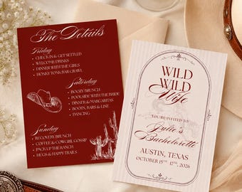 Wild Wild Wife Bachelorette Weekend Invitation Template | Western Bach Itinerary | Editable Canva Template | Cowgirl