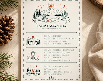 Camp Bachelorette Itinerary Template, Girls Trip Itinerary, Bachelorette Party Weekend Schedule, Editable Canva Template, Mountain Bach