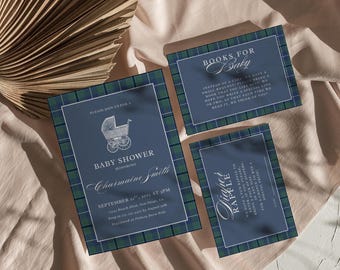 Plantilla de invitación para baby shower con cuadros preppy: Carruaje vintage (descarga digital)