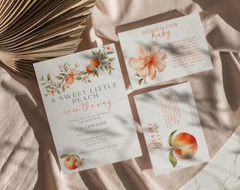 Invitación para baby shower con temática de melocotón (plantilla de Canva)