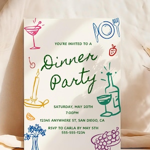 Dinner Party Einladung Vorlage, bearbeitbare Hand gezeichnet, handgeschriebene Einladung, Gekritzel Illustration, wunderliche Einladung, launisch