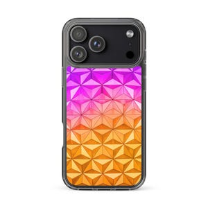 May include: A clear phone case with a geometric design. The design features a gradient of pink, orange, and yellow triangles. The phone case has a black camera module with three lenses.