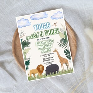 Young, Wild and Three Editable Invitation | Animal Themed Invitation | 3rd Birthday Invitation | Instant Download Printable | Corjl