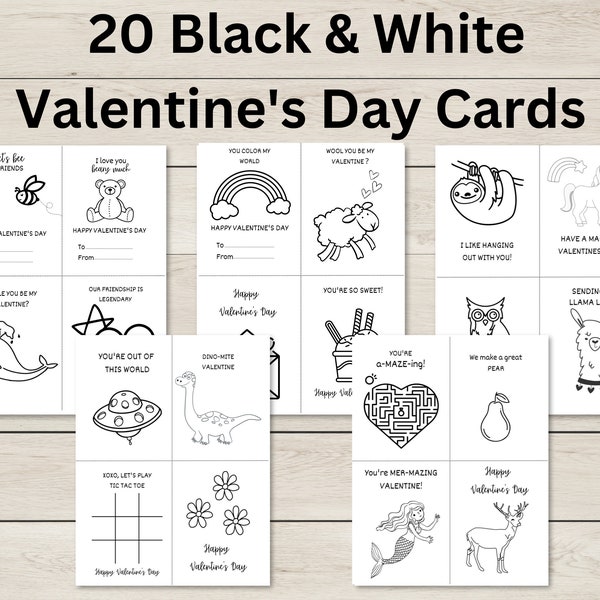 Black & White Printable Valentines Day Cards | Valentine's For Kids | Classroom Valentine's Day Card | Printable Kids Valentine |