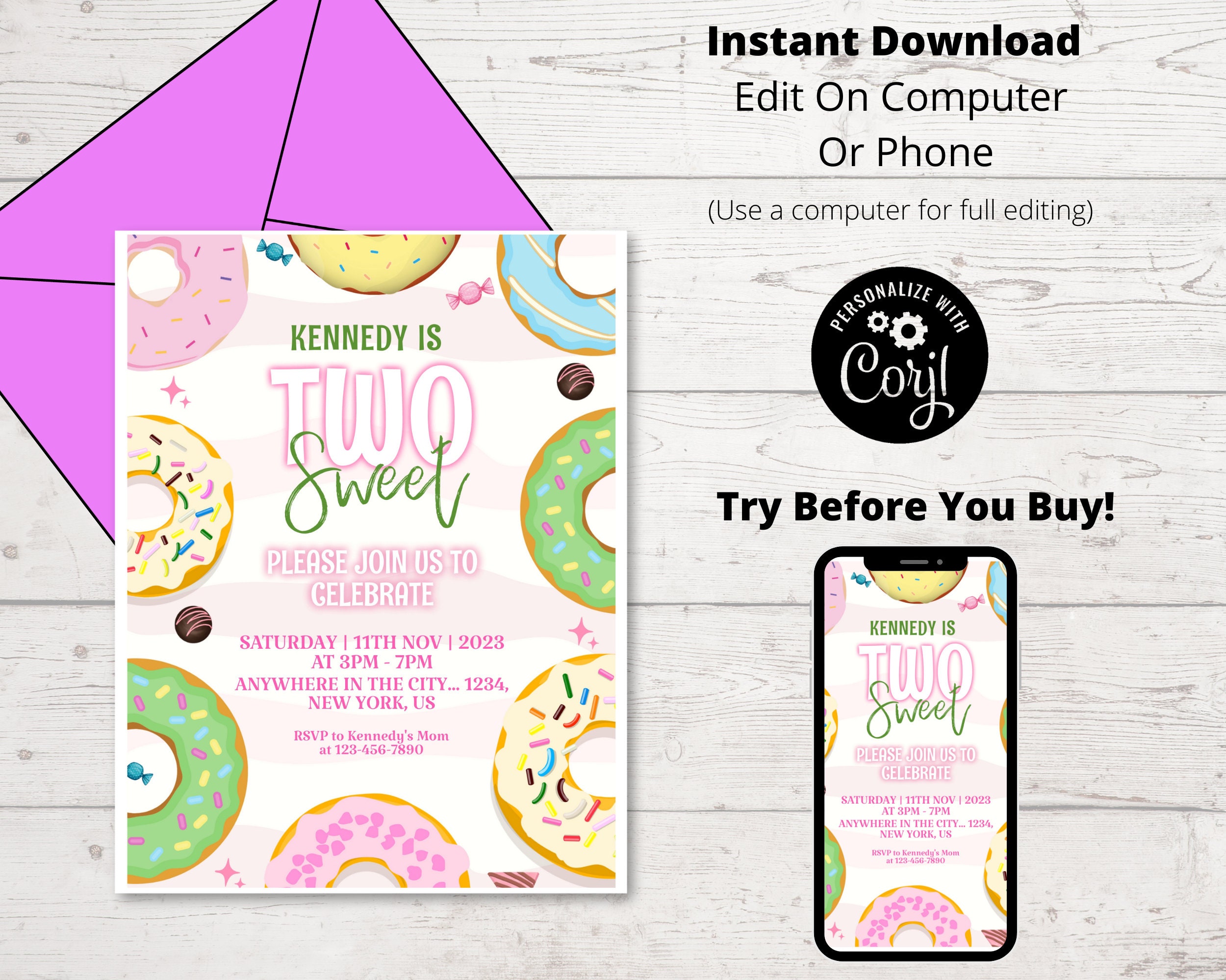 Two Sweet Birthday Invitation for Girls Donut Themed Too Sweet Editable