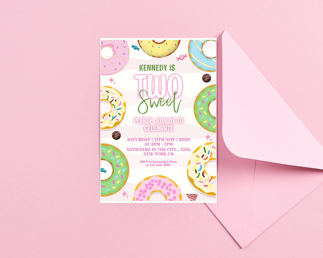 Two Sweet Birthday Invitation for Girls Donut Themed Too Sweet Editable