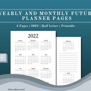 2022 年年間および月間将来計画ページ | ハーフレター印刷可能ページ | 家庭、職場、学校用 | プランナー挿入物 | アジェンダ
