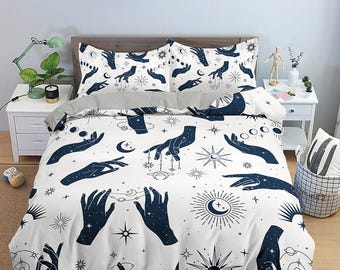 Celestial bedding woman hands sun stars witchy decor dorm bedding, aesthetic duvet, boho bedding set full king queen, astrology gothic decor