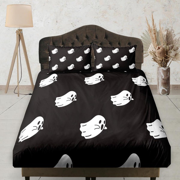 Spooky Ghost Black Fitted Sheet Deep Pocket, Aesthetic Bedding Set Full, Elastic Bedsheet, Dorm Bedding, Crib Sheet, Size King, Queen, Twin