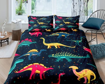 Dark blue dinosaur bedding, kids bedding full, cute duvet cover set, dinosaur nursery bed decor, colorful bedding, baby dinosaur, toddler