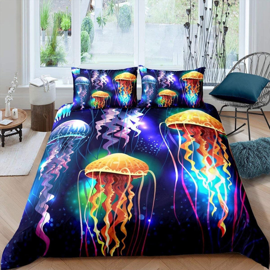 Glowing Jellyfish Bedding Dark Purple Duvet Cover Ocean Blush Etsy