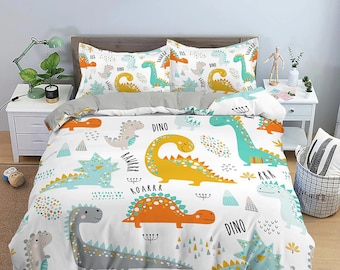 Colorful Dinosaurs Bedding, Duvet Cover Set & Pillowcase, Zipper Bedding, Dorm Bedding, Teens Adult Duvet King Queen Full Twin Single