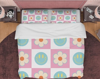 Pink & White Checkerboard Duvet Cover Set Cute Retro Bedding, Indie Aesthetic Quilt Cover, 90s Nostalgia Kidcore Colorful Floral Bedspread
