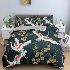 Dark green oriental bedding set cover, crane bird and cherry blossom floral prints on Japanese style duvet cover, king, queen, full, twin