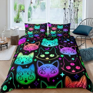 Colorful Cat Duvet Cover Set – Trippy Kawaii Bedding with Psychedelic Kitty Faces – Cute Blacklight Quilt Cover for Cat Lovers
