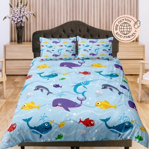Blue Ocean Cotton Duvet Cover Marine Animal Quilt Cover, Kid&#39;s Bedroom Blanket Cover Nursery Room Bedding Set, Baby Crib Bedspread