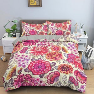 pink dahlia floral duvet cover colorful bedding, teen girl bedroom, baby girl crib bedding boho maximalist bedspread aesthetic bedding