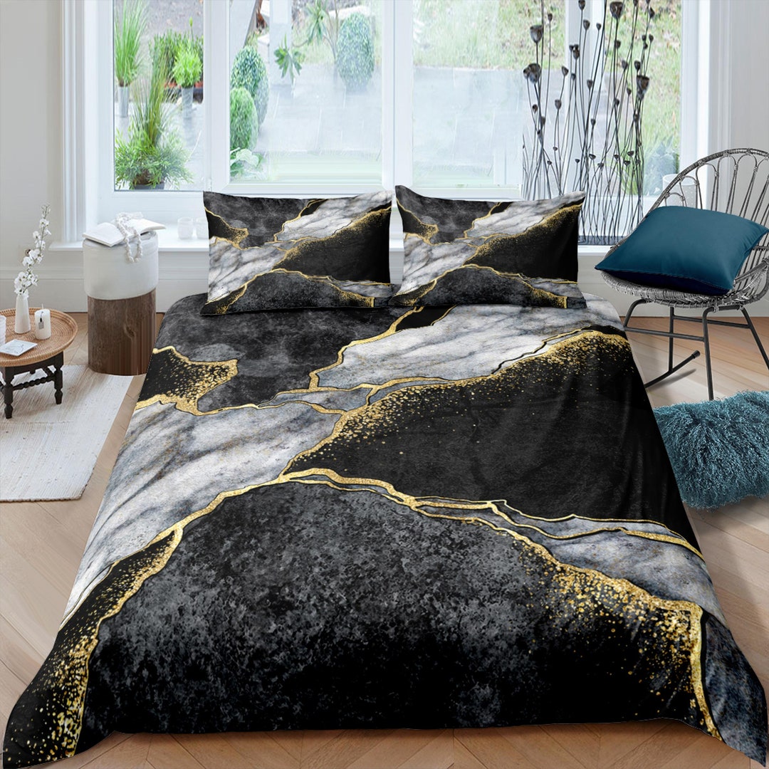 Contemporary Bedroom Set Black Aesthetic Duvet Cover, Luxury Duvet Gold ...