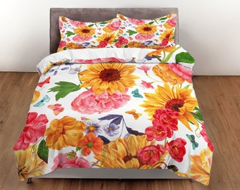 Sunflower cotton duvet cover realistic quilt cover, floral bedding set retro blanket cover, girly bedroom bedspread adults bedcover