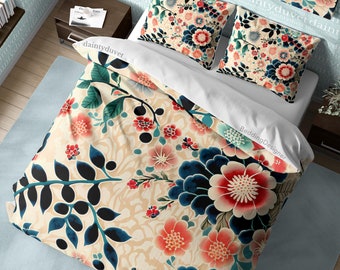 Japanese Pattern Bedding Set, Chrysanthemum Quilt Cover Cotton Duvet Cover, Colorful Flower Blanket Cover Girly Bedroom Bedspread