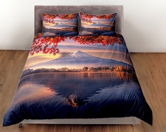 Volcano cotton duvet cover mount fuji quilt cover, Japanese art bedding set realistic blanket cover, adults bedroom bedspread