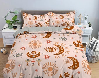 Sun and Moon Astrology Boho Bedding, Zodiac Gift Celestial Dorm Bedding, Duvet Cover Set, Aesthetic Duvet Cover King Queen Full Twin Single