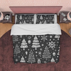 Black and White Christmas Tree and Stars Duvet Cover Set Holiday Quilt Cover, Christmas Bedding, Aesthetic Room Decor, Cotton Bedspread