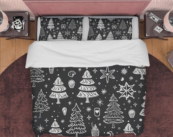 Black and White Christmas Tree and Stars Duvet Cover Set Holiday Quilt Cover, Christmas Bedding, Aesthetic Room Decor, Cotton Bedspread