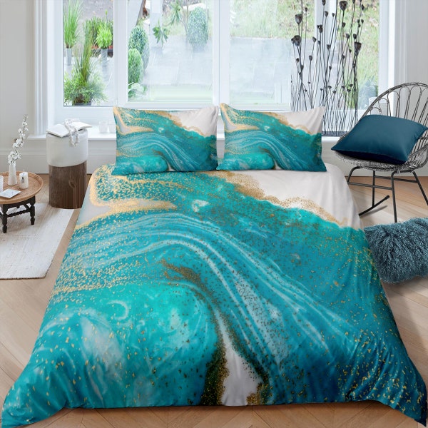 Contemporary bedroom set turquoise aesthetic duvet cover, luxury gold marble abstract art room decor boho chic bedding set full king queen