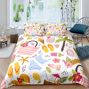 May include: White bedding with a summer beach theme. The pattern includes flip flops, palm trees, ice cream, watermelon, a beach bag, and the word "Beach".