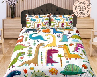 Custom Size Dinosaur Bedding Set, Cartoon Dinosaur Duvet Cover Set, Colorful Kids Bedroom Set, Playful Dinosaur Quilt Cover