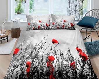 red poppies nostalgic grey duvet cover colorful bedding, teen girl bedroom, baby girl crib bedding boho maximalist bedspread aesthetic