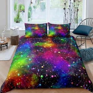 Rainbow galaxy bedding, 3D outer space bedding set full, cosmic duvet cover king, queen, dorm bedding, toddler bedding aesthetic duvet