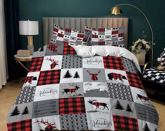 Christmas patchwork plaid duvet cover set, Christmas full size bedding & pillowcase, college bedding, crib toddler bedding, holiday gift