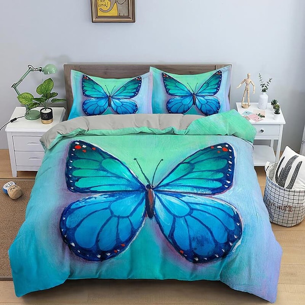 Blue monarch butterfly bedding duvet cover boho chic dorm bedding full size adult duvet king queen twin, butterfly nursery toddler bedding