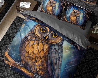 Spirit Animal Whimsigothic Duvet Cover Screech Owl Quilt Cover, Wizard Aesthetic Bedding Spread Hippie Goth Bedspread, Witchcore  Bed Cover