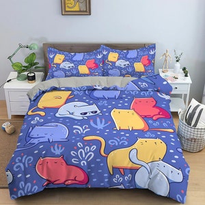 Colorful Cat Print Duvet Cover Set, Custom Size Bedding Set, Dorm Bedding, Aesthetic Quilt Cover, Blue Bedspread