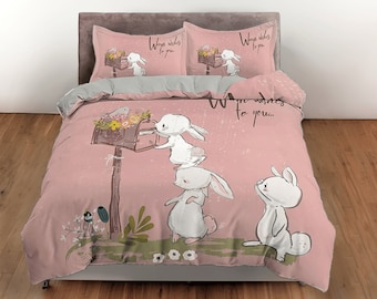 Bunny cotton duvet cover mailbox quilt cover, easter bedding set pink blanket cover, kids bedroom bedspread girly room bedcover