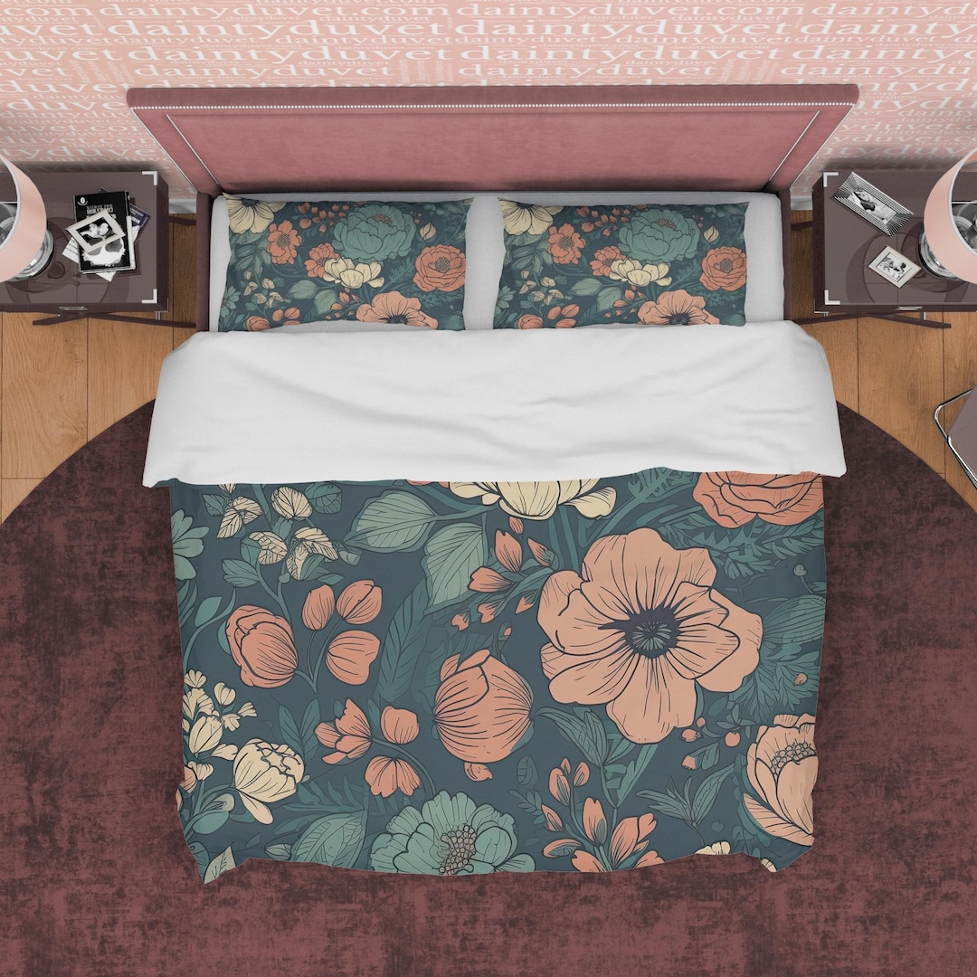 Retro Floral Duvet Cover Set, Aesthetic Bedding for Bohemian Bedroom