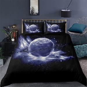 Grey planet duvet cover set, Saturn galaxy bedding, outer space bedding set full, duvet cover king, queen, dorm bedding, toddler bedding