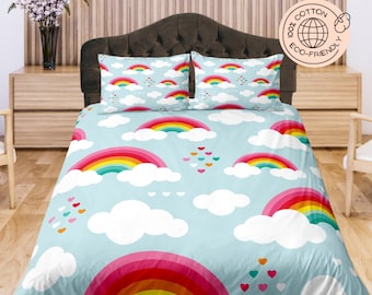 Rainbow Cloud Print Duvet Cover Set, Custom Size Dorm Bedding, Eco Friendly Quilt Cover, Colorful Bedroom Set, Aesthetic Bedspread