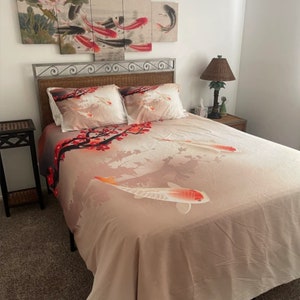 Koi Fish and Cherry Blossoms Bedding, Japanese Duvet Cover Set, King, Queen, Full, Twin, Toddler, Zipper Bedding, Asian Oriental Bedding Set