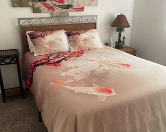 Koi Fish and Cherry Blossoms Bedding, Japanese Duvet Cover Set, King, Queen, Full, Twin, Toddler, Zipper Bedding, Asian Oriental Bedding Set