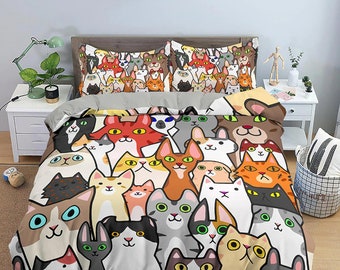 Cute Funny Cats Kids Duvet Cover Set, Toddler Bedding, Kids Bedroom, Bedding for Cat Lovers Gift, Duvet King Queen Full Twin Single