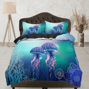 Jelly Fish Cotton Duvet Cover Underwater Quilt Cover, Blue Ocean Bedding Set Sea Creatures Blanket Cover, Futuristic Bedspread
