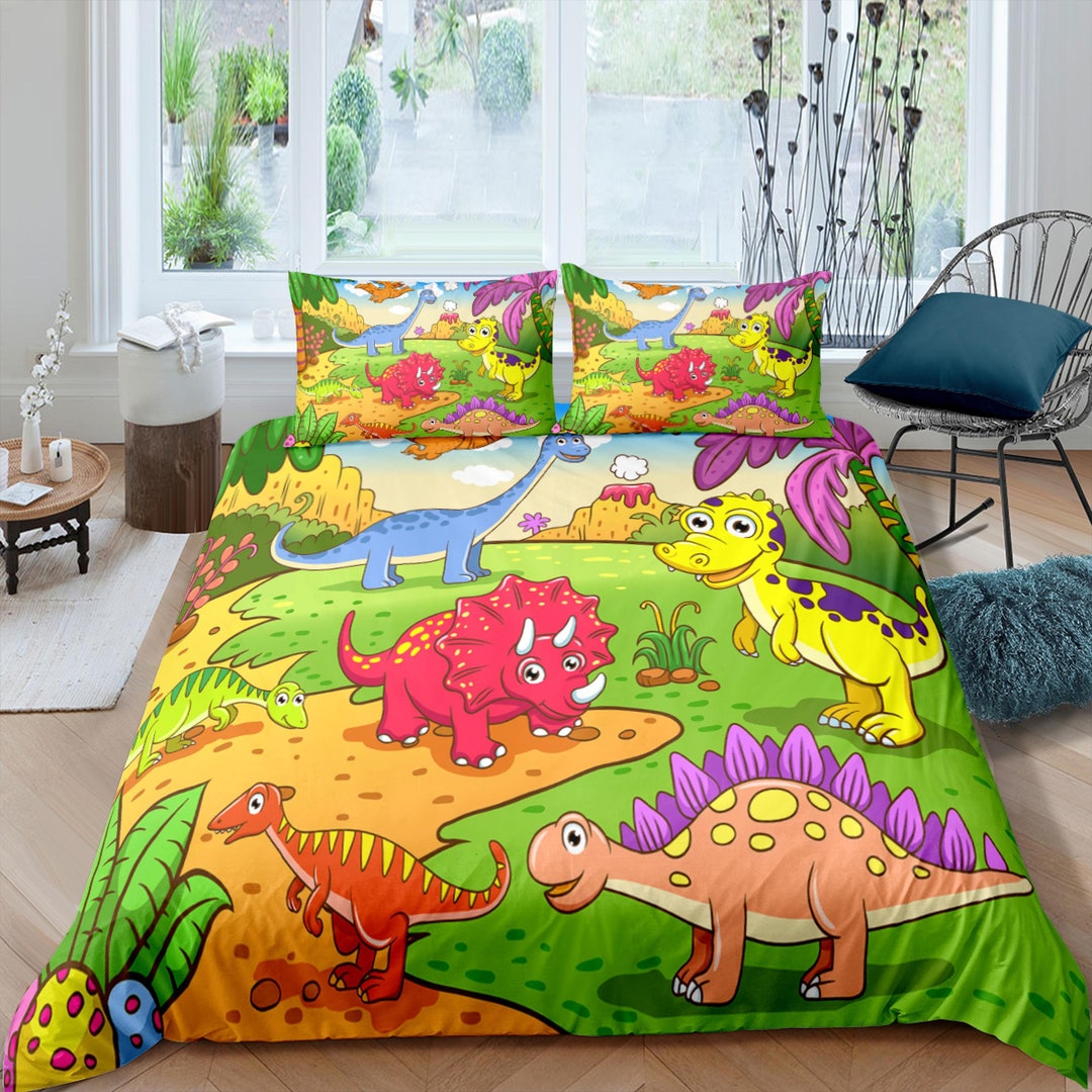 Cartoon Dinosaur Bedding, Kids Bedding Full, Cute Duvet Cover Set, Dinosaur Nursery Bed Decor