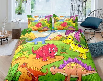 Cartoon dinosaur bedding, kids bedding full, cute duvet cover set, dinosaur nursery bed decor, colorful bedding, baby dinosaur, toddler